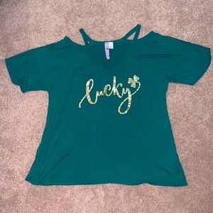 Green Lucky tee w/ shoulder cut outs